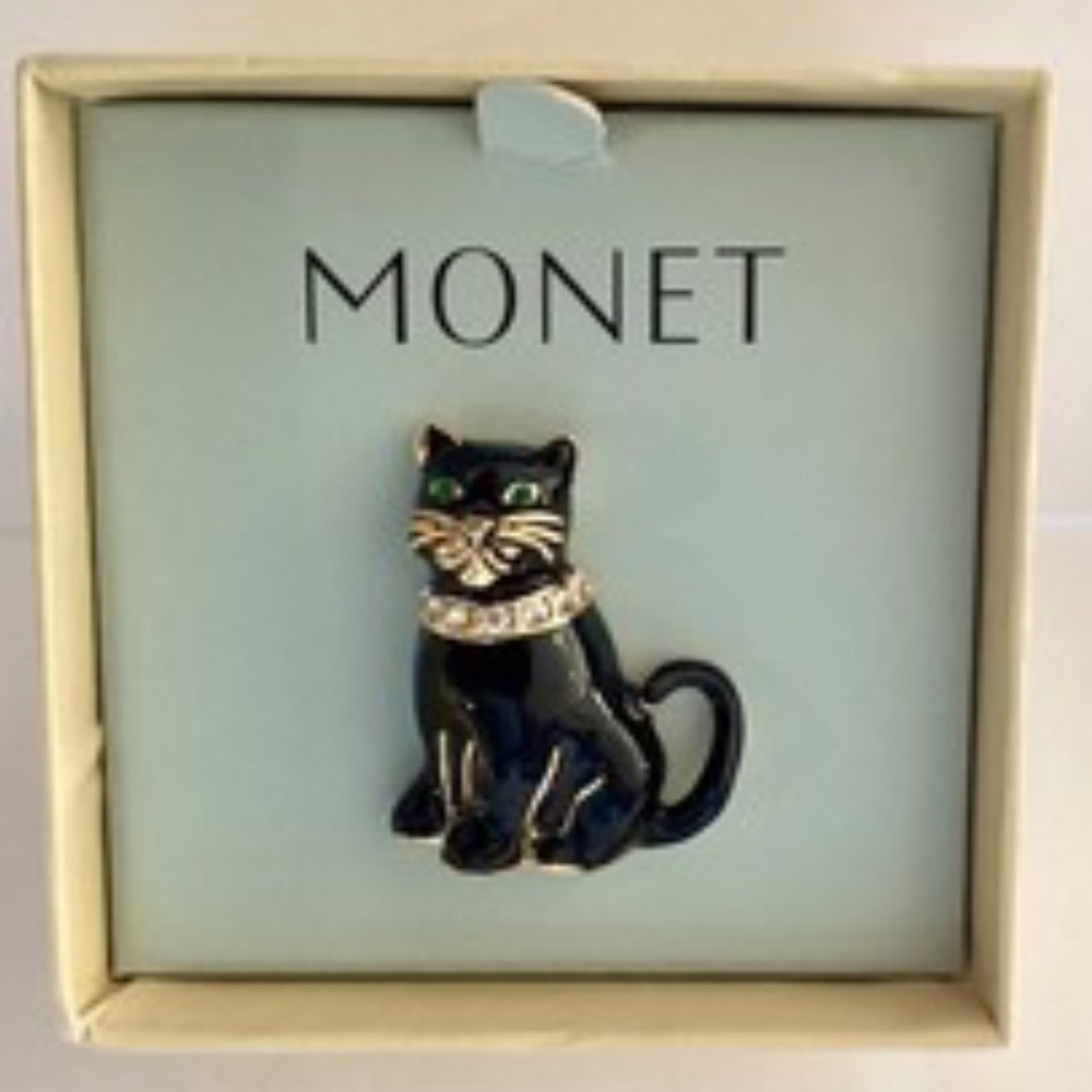 Monet Vintage Charming Black Cat W/Gold & Enamel Accents Signed Brooch NIB